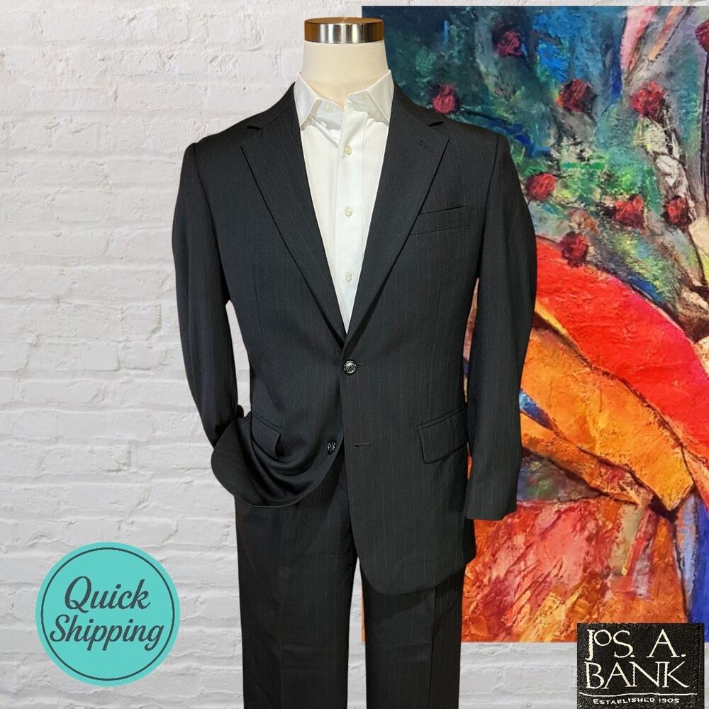 Jos A Bank Mens 38-40R 31x28 Black Muted Brown Stripe 2 Piece Suit
